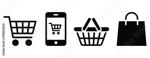 Black shopping cart icon, smartphone screen shopping interface, basket and shopping bag symbols in clean monochrome vector style