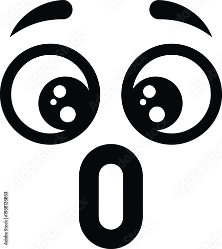 Black and white cartoon illustration of a surprised face with large eyes and an open mouth