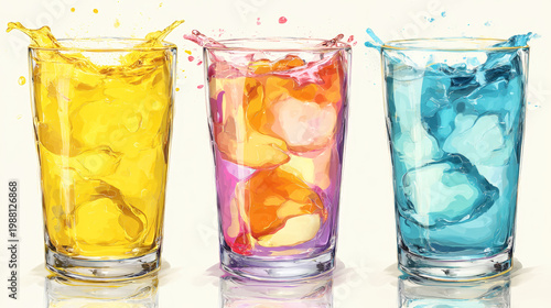 Three clear glasses hold different colored drinks with ice cubes. The drinks splash with movement, showing vibrant colors in bright light