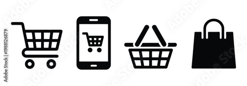 Black shopping cart icon set with smartphone screen, shopping basket, and shopping bag symbols on white background, modern vector illustration for  mobile shopping apps, and digital retail