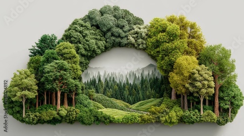 Wallpaper Mural Lush forest arch framing a misty pine valley with rolling green hills and diverse trees, symbolizing ecology, conservation and natural beauty Torontodigital.ca