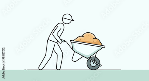 Man pushing a loaded wheelbarrow slowly.