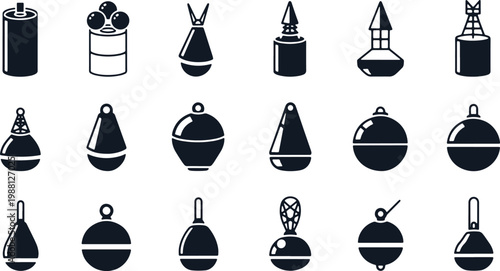 Assortment of dark buoys silhouettes on transparent grid background.