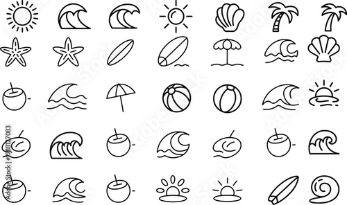 Naive Beach Surf Illustration Set with Hand Drawn Tropical Doodle Elements