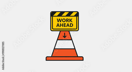 Traffic cone with warning sign ahead.