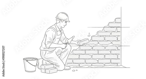 Man building brick wall structure.