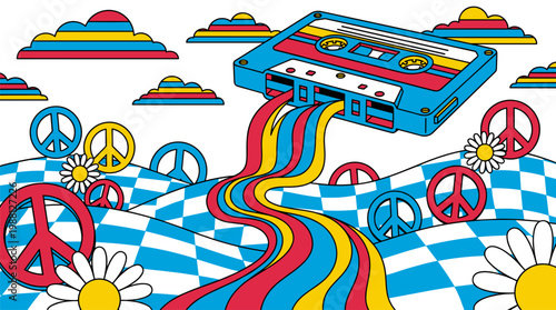 Giant Cassette Tape Waterfall over Checkered Hills and Daisy Valley, Pop Surrealism Flat Illustration with Bold Outlines