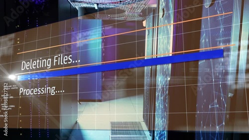 Wall display initiating Deleting Files, showing blue bar growing over data hall, revealing racks