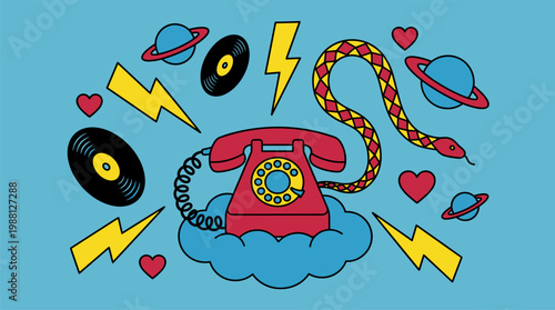 Vintage Rotary Telephone and Snake Cord with Vinyl Records Pop Surrealism Flat Illustration with Bold Outlines