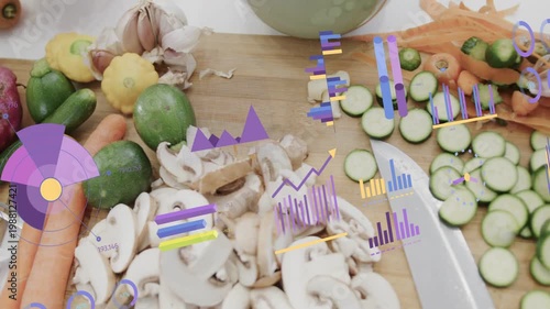 Overlays appearing on frame two, annotating board with recipe charts over mushrooms cucumber