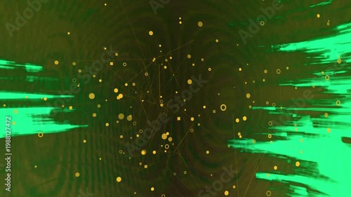Yellow particle network drifting on dark olive, neon streaks entering right showing nodes for tech