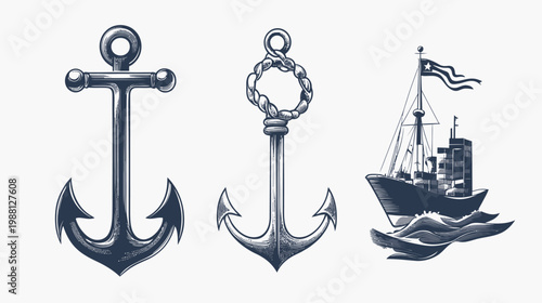 Collection of nautical-themed illustrations, featuring two anchor designs and a detailed ship, all in a blue hue
