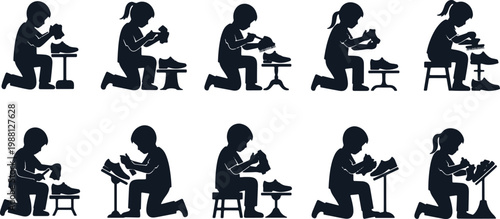 Silhouette of child shoemaker working on shoes in different positions on transparent background.
