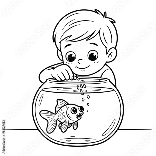 A young boy curiously peers into a fishbowl watching a goldfish swim silhouette
