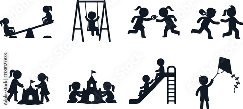Children playing at playground, kids on swing, seesaw, slide, kite, sandcastle on transparent background.