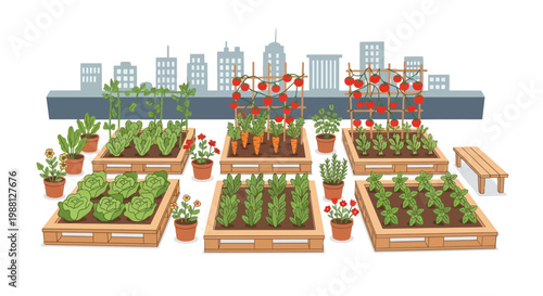 Urban garden with various plants and vegetables in pots and wooden crates