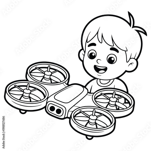 A young boy happily operates a drone with detailed propellers shown as a silhouette