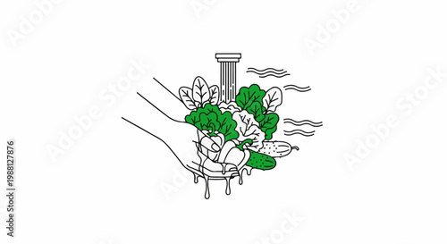 A hand holds a bouquet of fresh green vegetables, with a column and waves in background