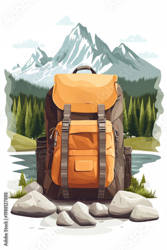 A bright backpack rests on stones by a river. Behind it are tall mountains and green trees under a clear sky. This scene shows outdoor adventure and nature
