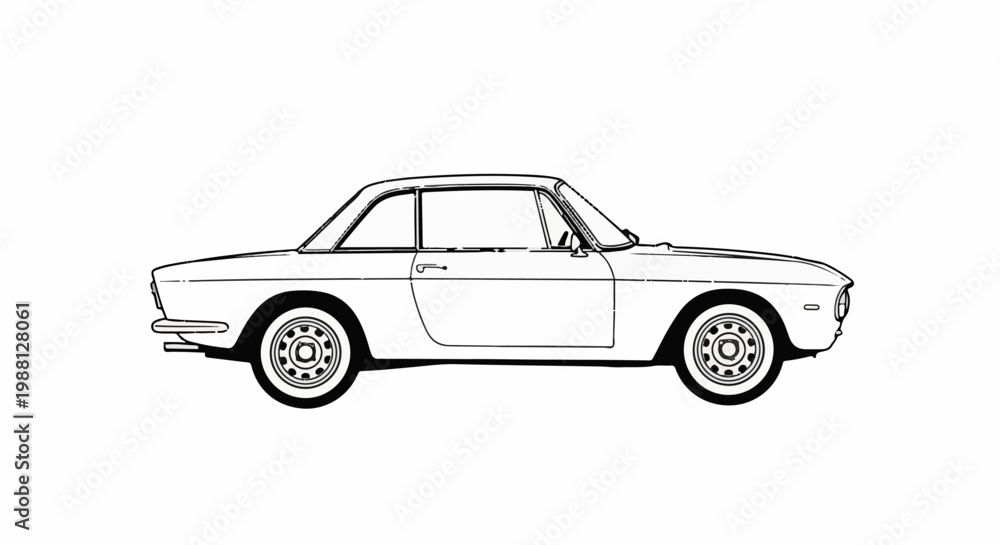 Fototapeta premium Black and white outline drawing of a classic coupe automobile from the side