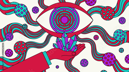 Abstract Galactic Eye Above Floating Hand with Crystals and Striped Ribbons Pop Surrealism Flat Illustration with Bold Outlines