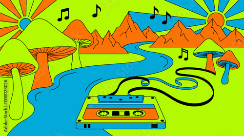 Vintage Cassette Tape Unspooling Into a River Through Toadstool Mountains Pop Surrealism Flat Illustration with Bold Outlines