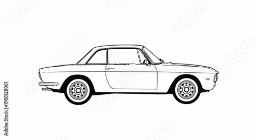 Black and white outline drawing of a classic coupe automobile from the side