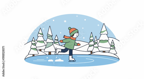 Cartoon of child ice skating in a snowy forest with pine trees