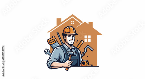 Cartoon construction worker with tools and house icons
