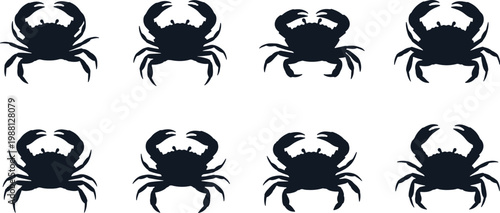 Collection of eight crab silhouettes in navy blue on transparent background for design.