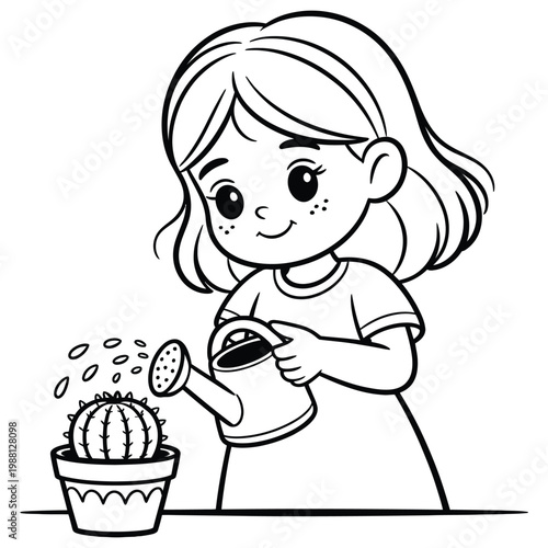 A young girl carefully waters a potted cactus a charming black and white silhouette