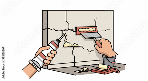 Hands repair cracks in a wall with putty and a trowel