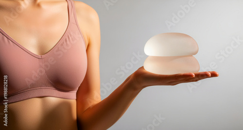 Woman in sports bra holding silicone breast implants in her hand. Close up shot of high quality medical grade implants for breast augmentation. Plastic surgery and cosmetic enhancement concept.