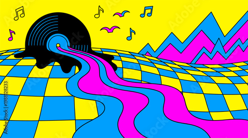 Melting Vinyl Record Over Checkerboard Landscape Pop Surrealism Flat Illustration with Bold Outlines