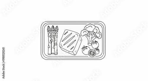 Line art of a grilled steak with asparagus, broccoli, and tomatoes on a platter
