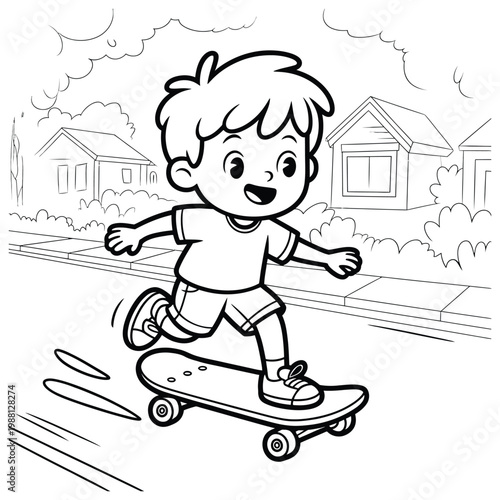 A cheerful young boy is joyfully skateboarding down a street a charming silhouette