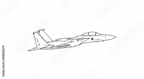 Line art of a twin-engine fighter jet in profile, soaring through the air
