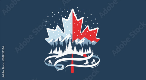 Maple leaf with winter scene and ice skaters on dark blue background