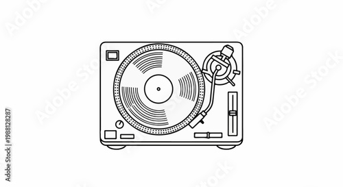 Minimalist black and white line drawing of a record player with a vinyl disc