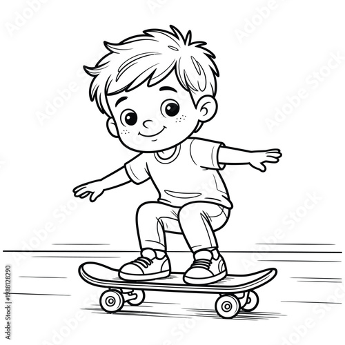 A cheerful young boy skateboarding with a playful pose depicted as a clean silhouette