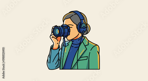 Person with headphones taking photo with camera