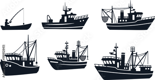 Fishing trawler boat at sea with nets for catching fish commercial maritime industry.