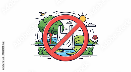 Prohibition symbol over a plastic bag in nature scene