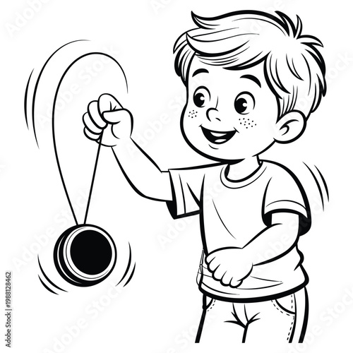 A cheerful young boy happily playing with a classic yo yo in silhouette