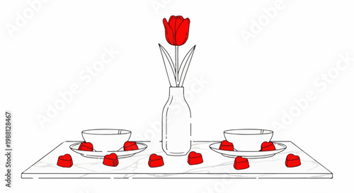 Romantic table setting with tulip and heart chocolates for two