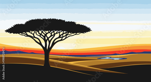 Silhouette of an acacia tree against a colorful savanna sunset