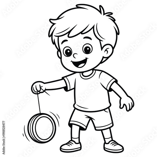 A cheerful young boy happily playing with a spinning yo yo black outline silhouette