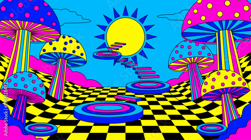 Giant Geometric Fungi and Checkerboard Valley Floor, Pop Surrealism Flat Illustration with Bold Outlines