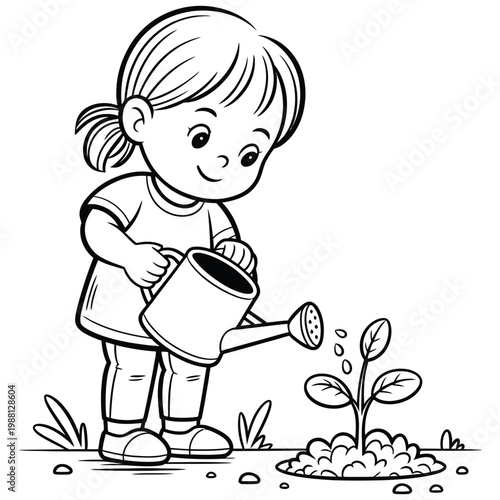 A young girl cheerfully waters a small plant with a watering can silhouette