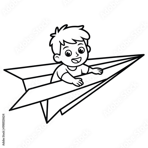 A cheerful boy appears to be flying on a paper airplane a playful silhouette